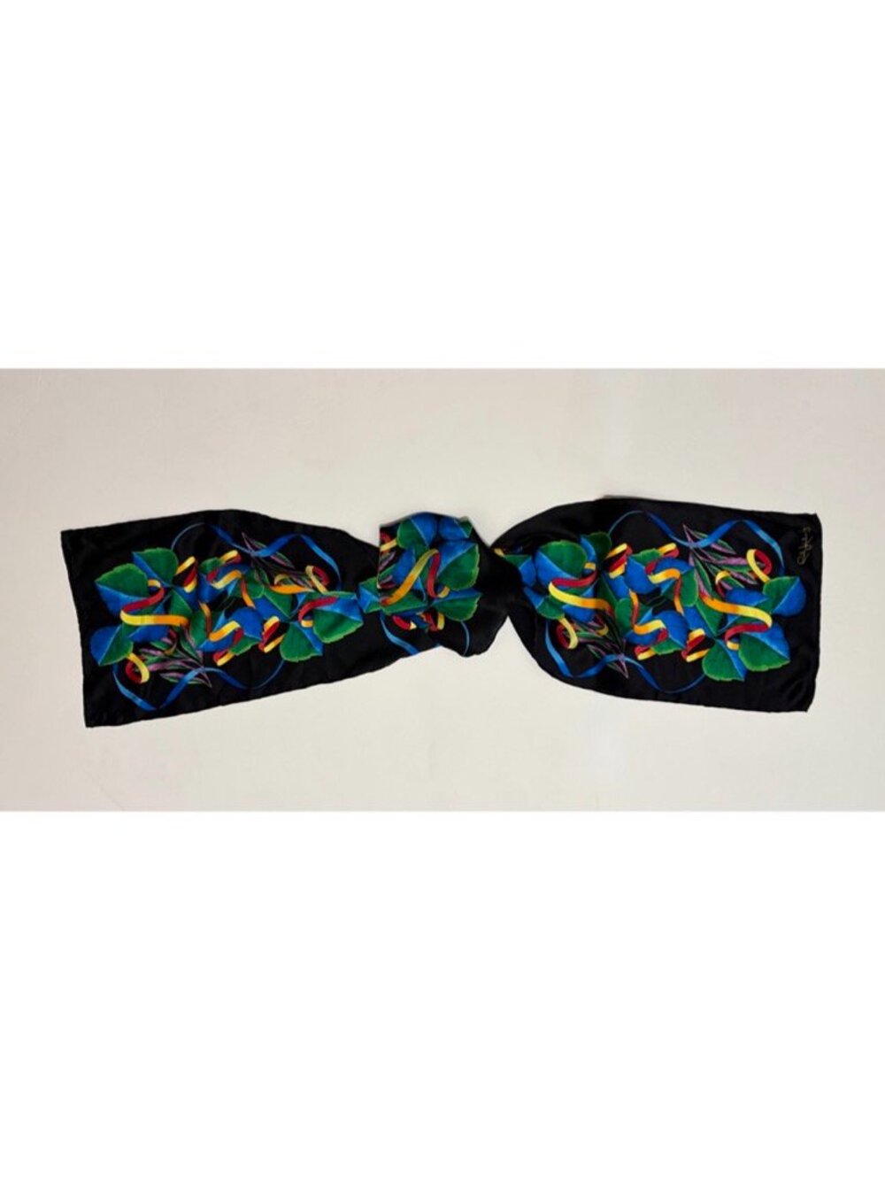 Vintage RUSH LIMBAUGH Aspen Leaves Colorful Rectangular Silk Scarf Black Floral